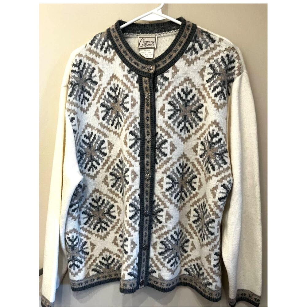 Vintage 90s Company Collection White Gray Winter Cardigan Sweater XL Large Snow